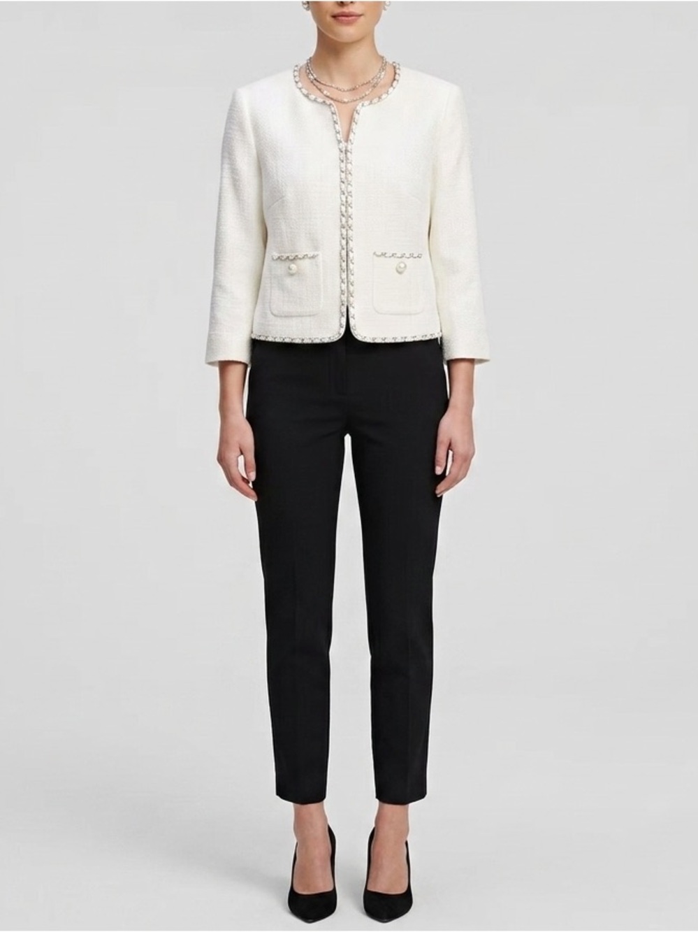 Chanel-Style Cropped Tweed Jacket with Chain Trim and Pearl Buttons